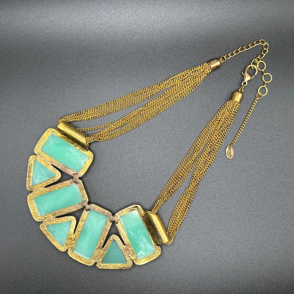 VTG Amrita Singh Statement Necklace Green Gold Chunky Geometric Marbled‎ Resin - Picture 4 of 13